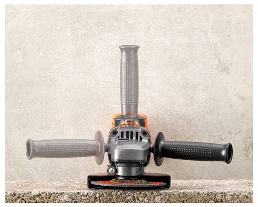 Ein Elektrowerkzeug mit Doppelgriffen auf einer Betonoberfläche, konzipiert für Schliff- oder Polieraufgaben, das Griff- und Konstruktionsdetails zeigt.