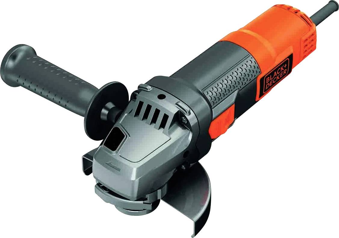 Ein tragbarer elektrischer Winkelschleiffer mit orange-schwarzem Design, ausgestattet mit einem Seitengriff und einer sichtbaren Schutzvorrichtung für das Schleifblatt.