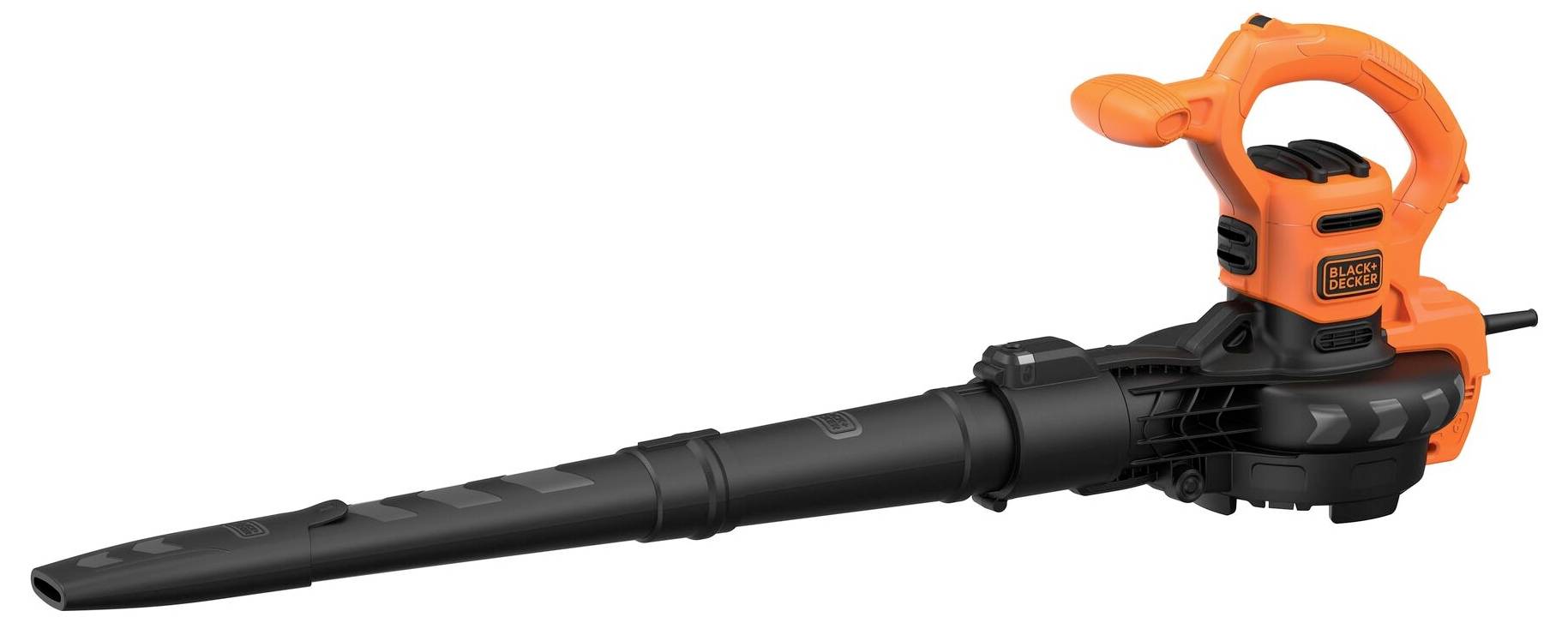 Ein orange-schwarzes Laubgebläse mit Abzuggriff, beschriftet mit „Black+Decker