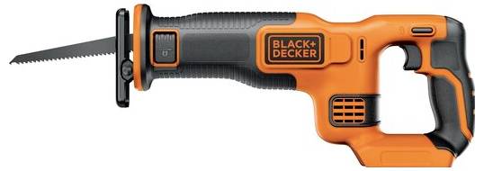 Orange and black handheld reciprocating saw with 'Black+Decker' branding, showing visible serrated blade on the left side.