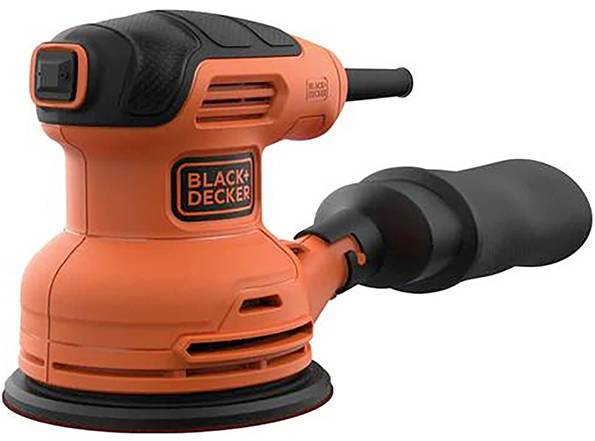 Ein orangefarbener Black+Decker-Elektroschleiffer mit schwarzem Griff, der zum Schleifen von Oberflächen bei Holzbearbeitungs- und Heimwerkeraufgaben verwendet wird.