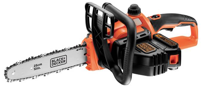 Eine Black+Decker 10-Zoll-, 25-cm-Elektrokettensäge mit ergonomischem Griff und Schutzvorrichtung, konzipiert für leichte bis mittelschwere Schneidarbeiten.
