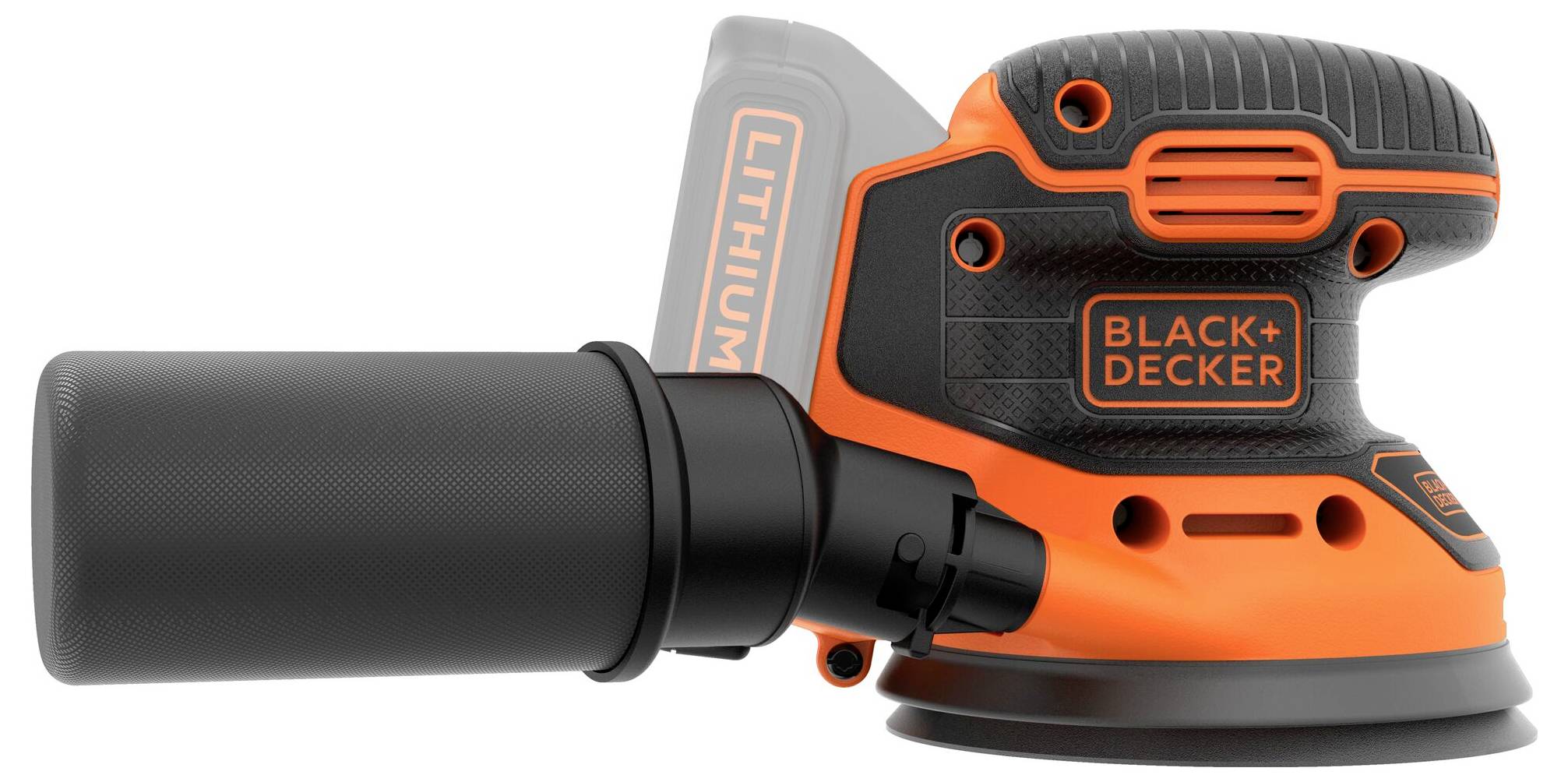 Schwarzer Black+Decker Lithium-Elektroschliff-Exzenterschleifer in Schwarz und Orange mit kompaktem Design und angebautem Staubsammelbehälter.