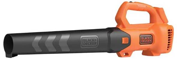 Ein orange-schwarzes kabelloses Laubgebläse mit dem Markenlogo 