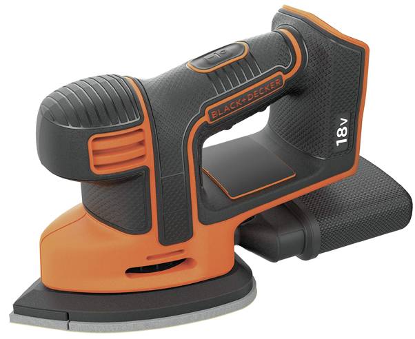 Ein kabelloses, tragbares Black+Decker-Elektroschleifsystem mit ergonomischem Design, schwarzer und orangefarbener Farbgebung und angebrachtem Staubsack.