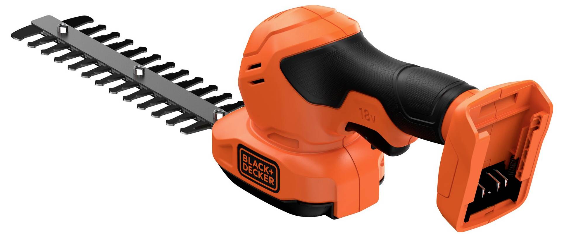 Orange-schwarzer tragbarer Heckenschneider von Black & Decker mit doppelwirkenden Klingen und ergonomischem Design für effizientes Gartenschneiden.
