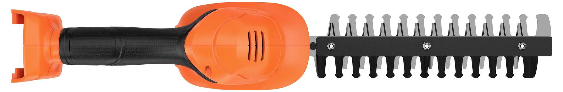 Orange-schwarze kabellose Heckenschere von Black+Decker mit kompaktem Design und Doppelschliff-Stahlklingen für effizientes Schneiden.