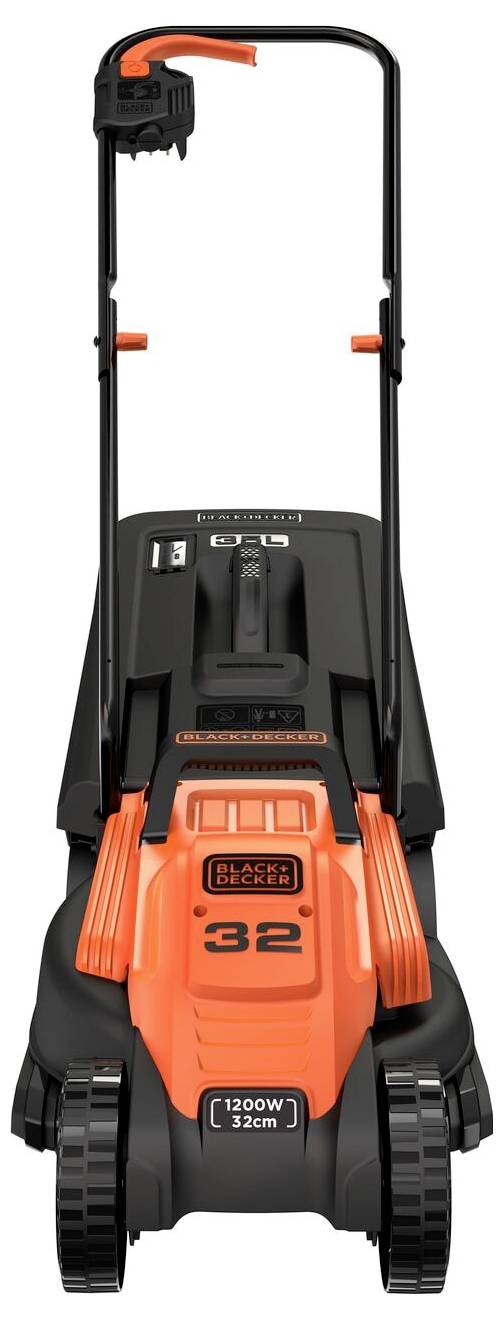 Ein Rasenmäher mit orange-schwarzem Design. Er verfügt über eine Schnittbreite von 32 cm, ergonomischen Griff und eine Leistung von 1200 Watt.