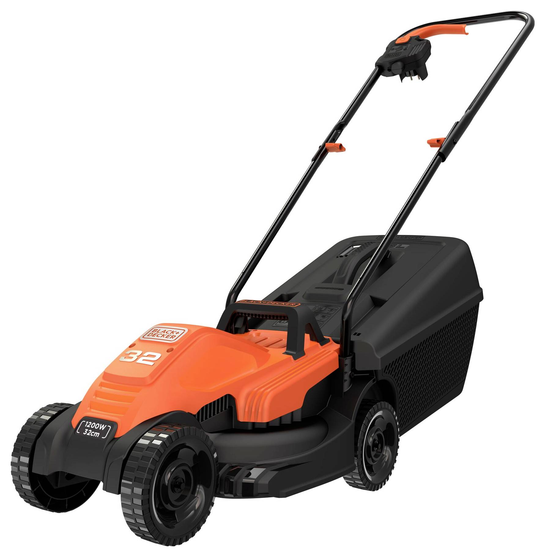 Elektischer Rasenmäher zum Schieben mit orange- und schwarzem Design, ausgestattet mit einem 1200-W-Elektromotor und 32 cm Schnittbreite. Grasfangbehälter hinten angebracht.