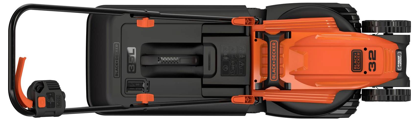 Draufsicht auf einen orange-schwarzen Rasenmäher mit 32-Zoll-Schnittdeck, der seine Räder, den Griff und das Batteriefach zeigt.