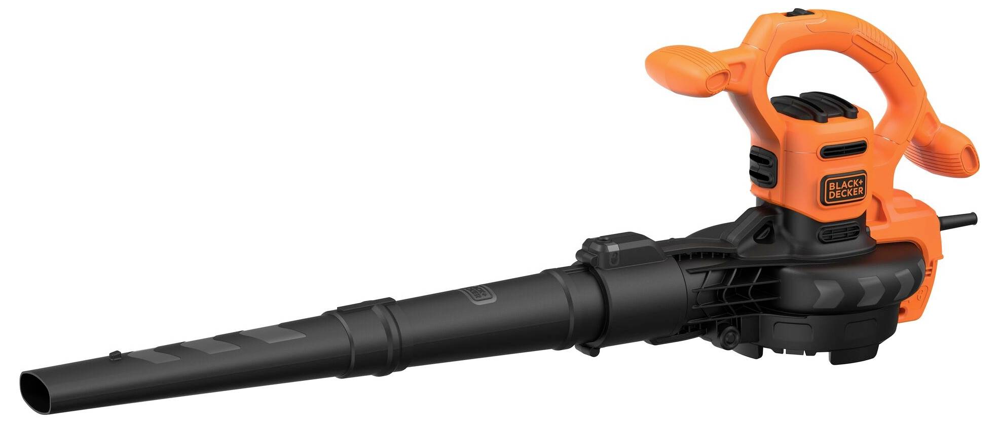 Ein orange-schwarzes Laubgebläse mit Griff und Düse, mit einem Logo auf der Seite gekennzeichnet. Angetrieben durch einen Elektromotor.