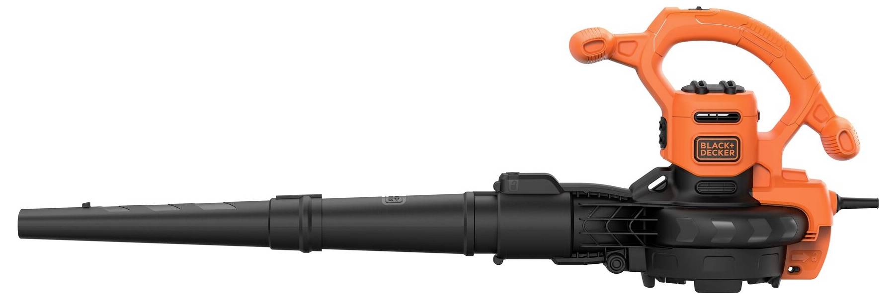 Ein orange-schwarzes tragbares Laubgebläse mit Kabel, mit ergonomischem Pistolengriff und einem Firmenlogo oben.