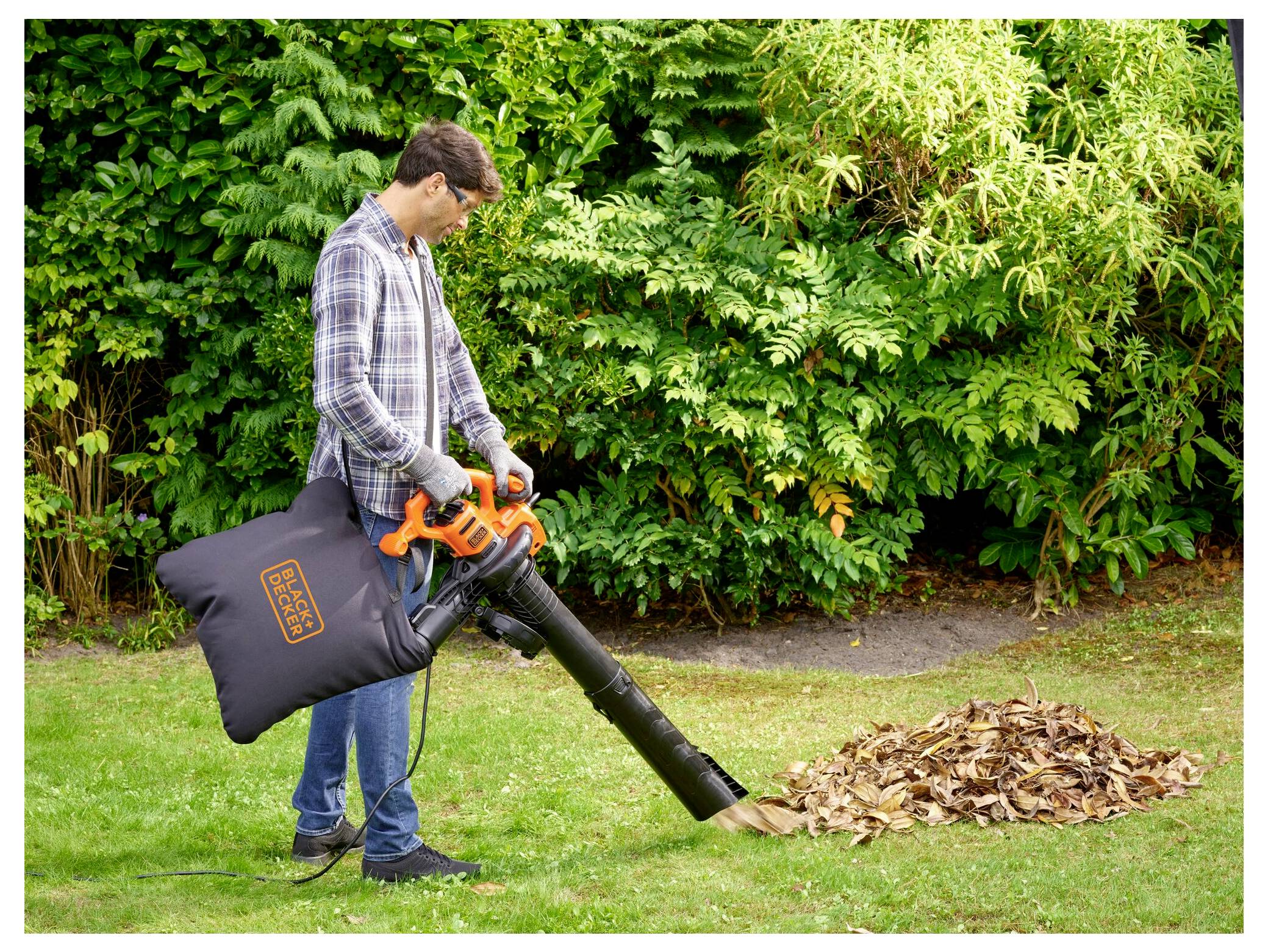 Eine Person nutzt einen Laubsauger/-bläser, um herabgefallene Blätter in einem Garten in einen Beutel zu sammeln, umgeben von grünen Büschen.