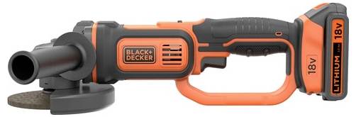 Ein schnurloses Black+Decker 18V Winkelschleifer mit orange-schwarzem Design, ausgestattet mit Seitengriff und Schleifscheibe.