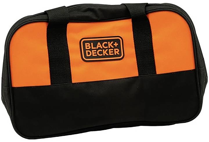 Eine orange-schwarze Werkzeugtasche mit einem „Black+Decker