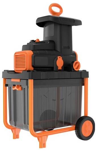 Elektrischer Gartenschredder mit orangem Rahmen, schwarzem Gehäuse und transparentem Auffangbehälter, konstruiert zum Zerkleinern von Gartenabfällen.