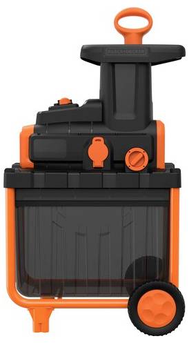 Ein schwarz-oranger Gartenhäcksler mit durchsichtigem Behälter und Rädern zur Mobilität, der zum Zerkleinern von Gartenabfällen in kleinere Teile verwendet wird.