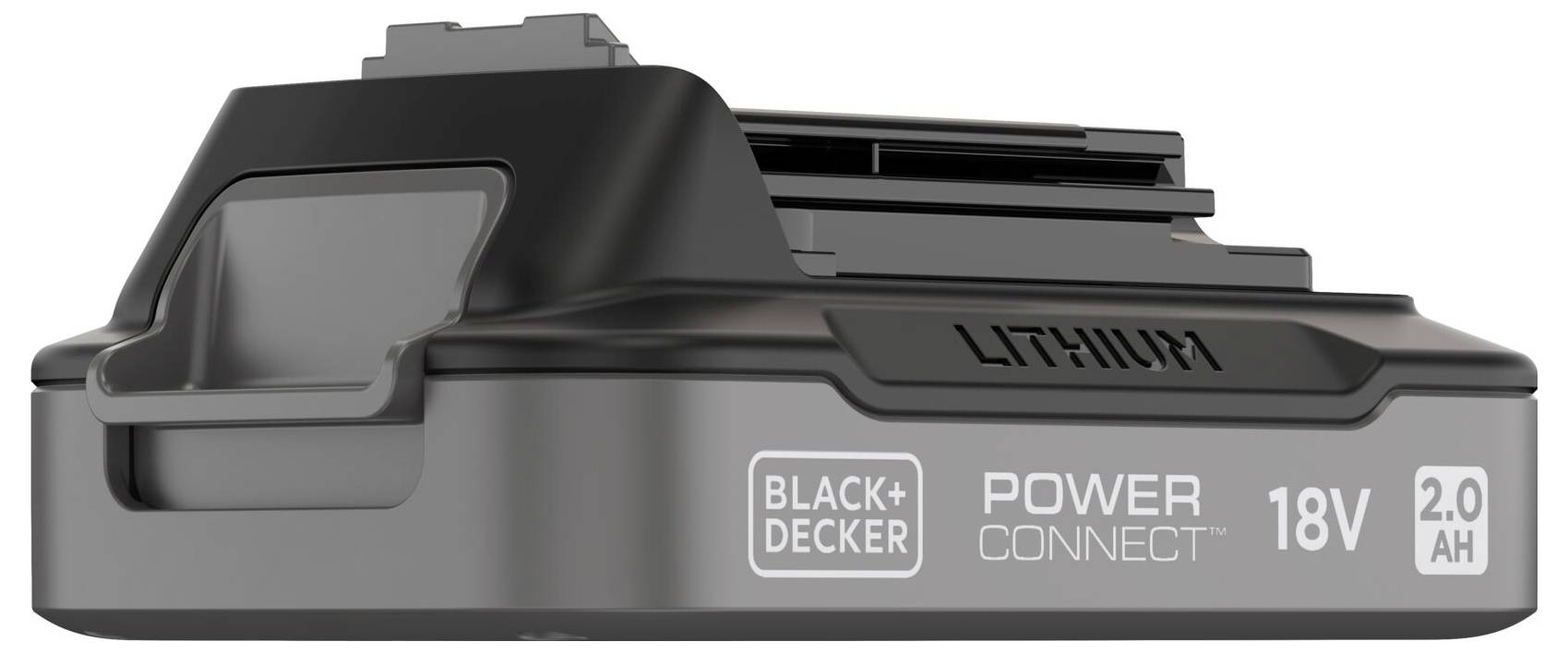Black+Decker 18V 2.0Ah Lithium-Akku kompatibel mit Power Connect System, Seitenansicht mit sichtbarem Branding.