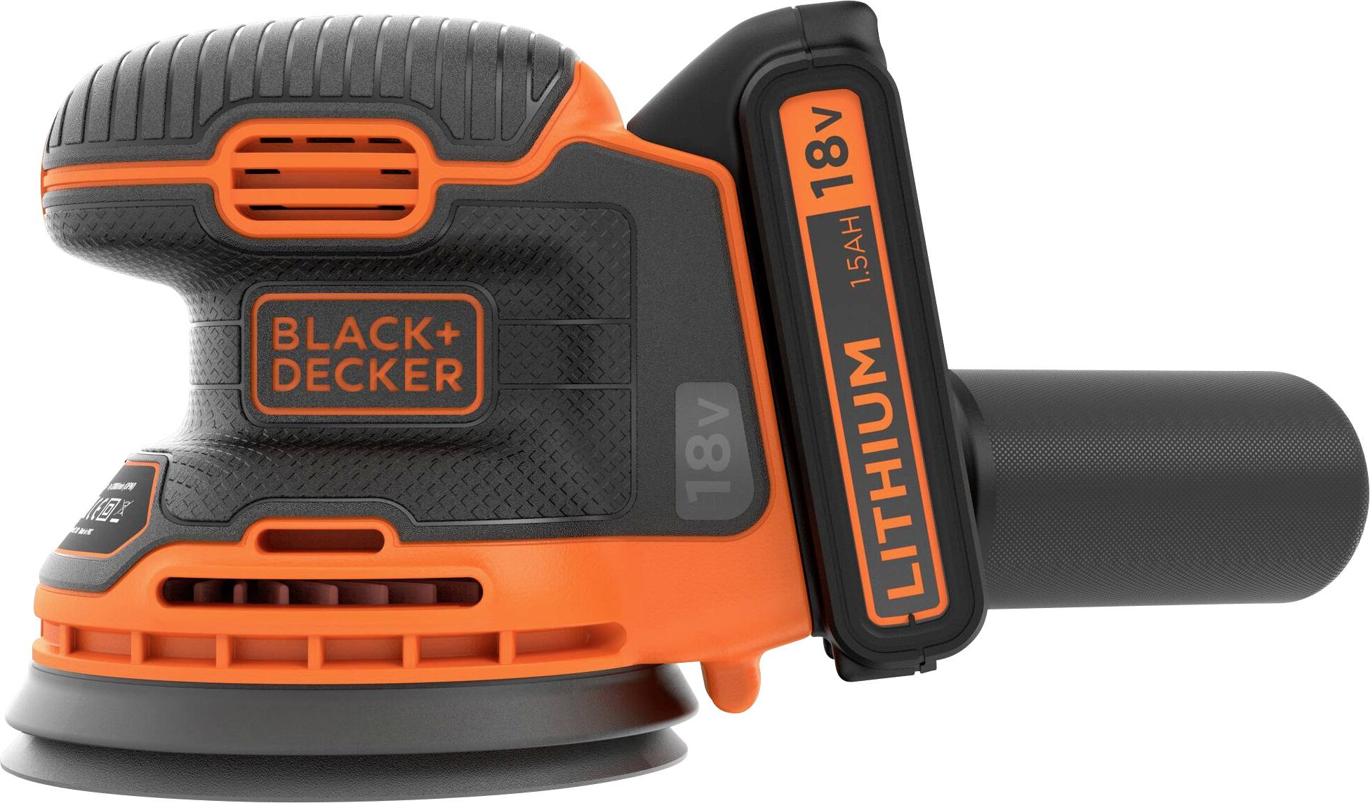Ein kompakter Black+Decker 18V Lithium Akku-Elektroschlifer mit ergonomischem Griff und abnehmbarem Staubsammelsystem.