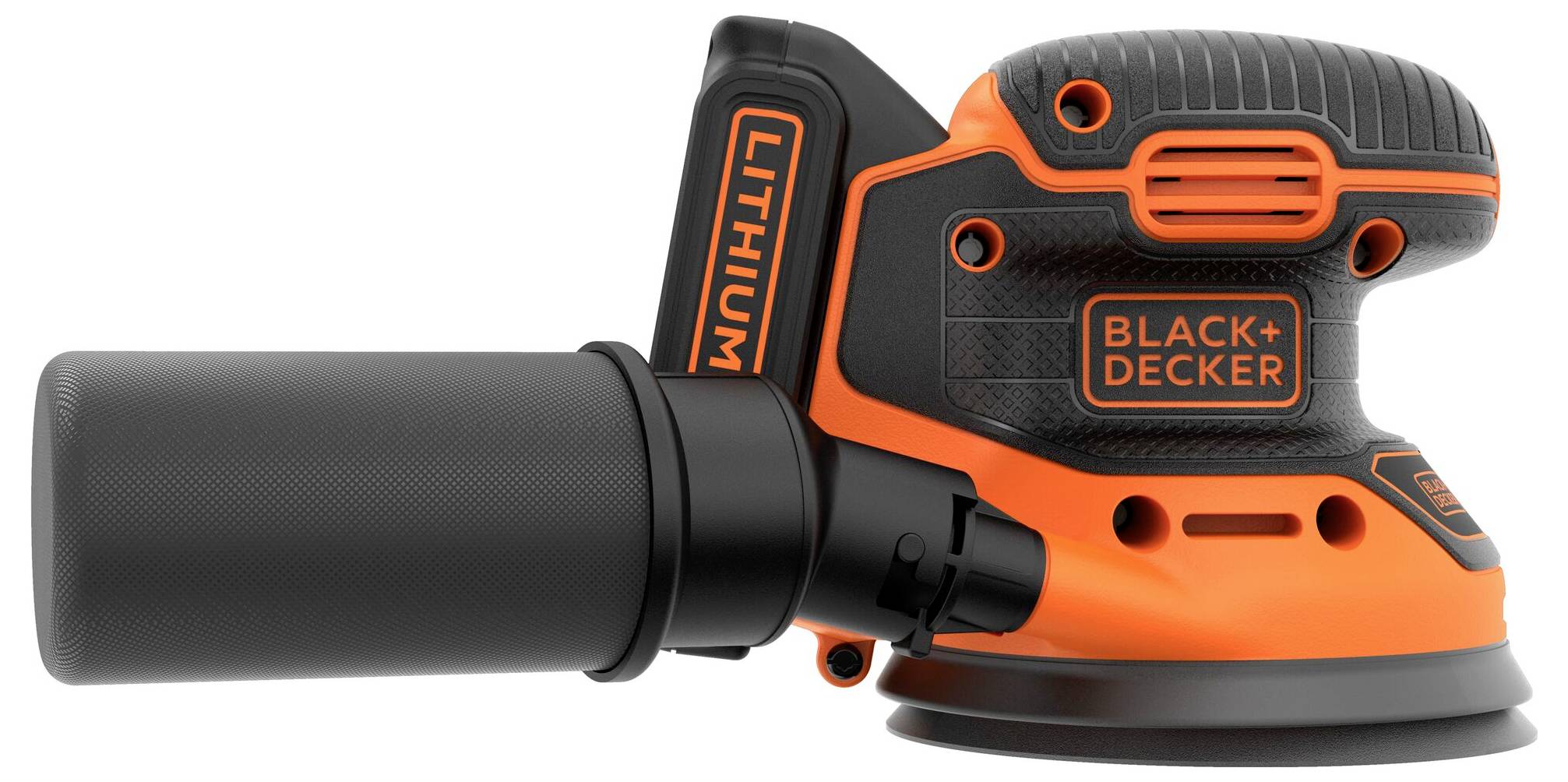 Ein tragbarer Black+Decker Elektroschleiffer mit Lithium-Akku, mit einem zylindrischen Staubsammler, der ein kompaktes Design zeigt.