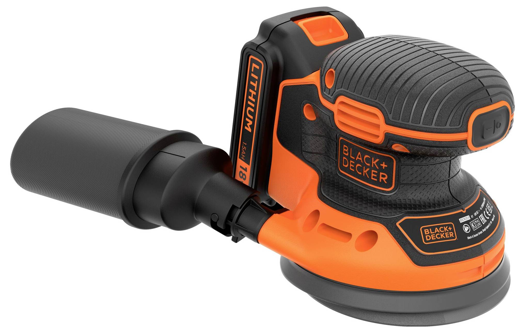 Eine orange-schwarze kabellose Stichsäge mit Black+Decker-Logo, 20V-Lithiumbatterie und ergonomischem Griff. Ideal für Schneidaufgaben.