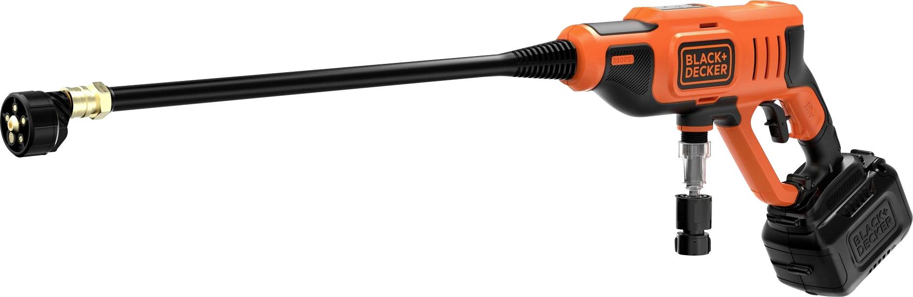 Ein schnurloses Black+Decker-Hochdruckreinigungsgerät mit orangem und schwarzem Design, langem Sprühdüsen-Aufsatz und wiederaufladbarem Akku wird gezeigt.