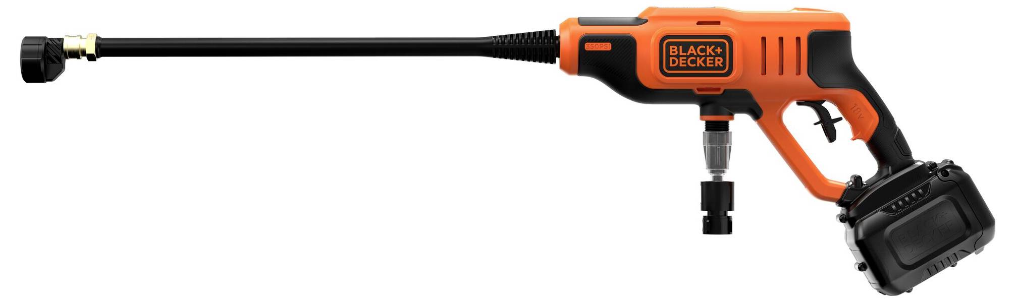 Ein orange-schwarzer kabelloser Hochdruckreiniger mit langer Düse, Marke „BLACK+DECKER