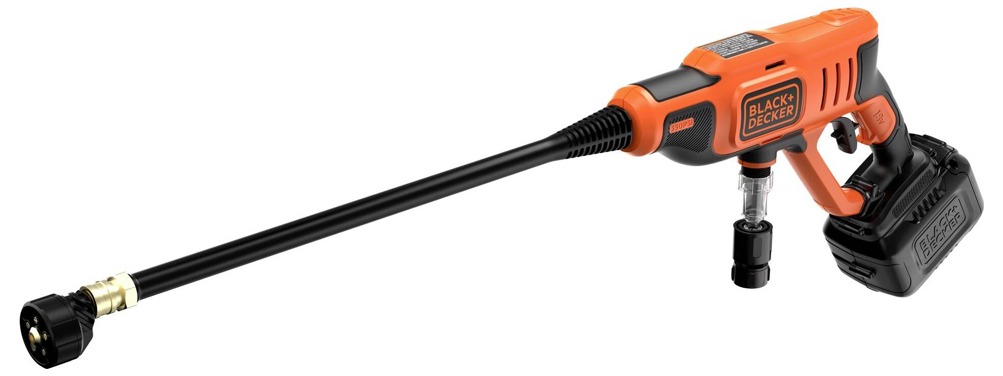 Ein kabelloses Orange-Schwarzes Hochdruckreinigungsgerät mit einer langen Düsenaufsatz wird gezeigt und zeigt den Markennamen an seiner Seite.