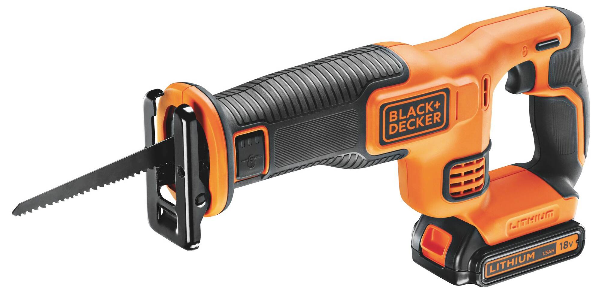 Black and Decker Orange-Schwarz-Reciprocating Saw mit 18V Lithium-Batterie, zeigt die Seitenansicht mit Sicherheitsmerkmalen.