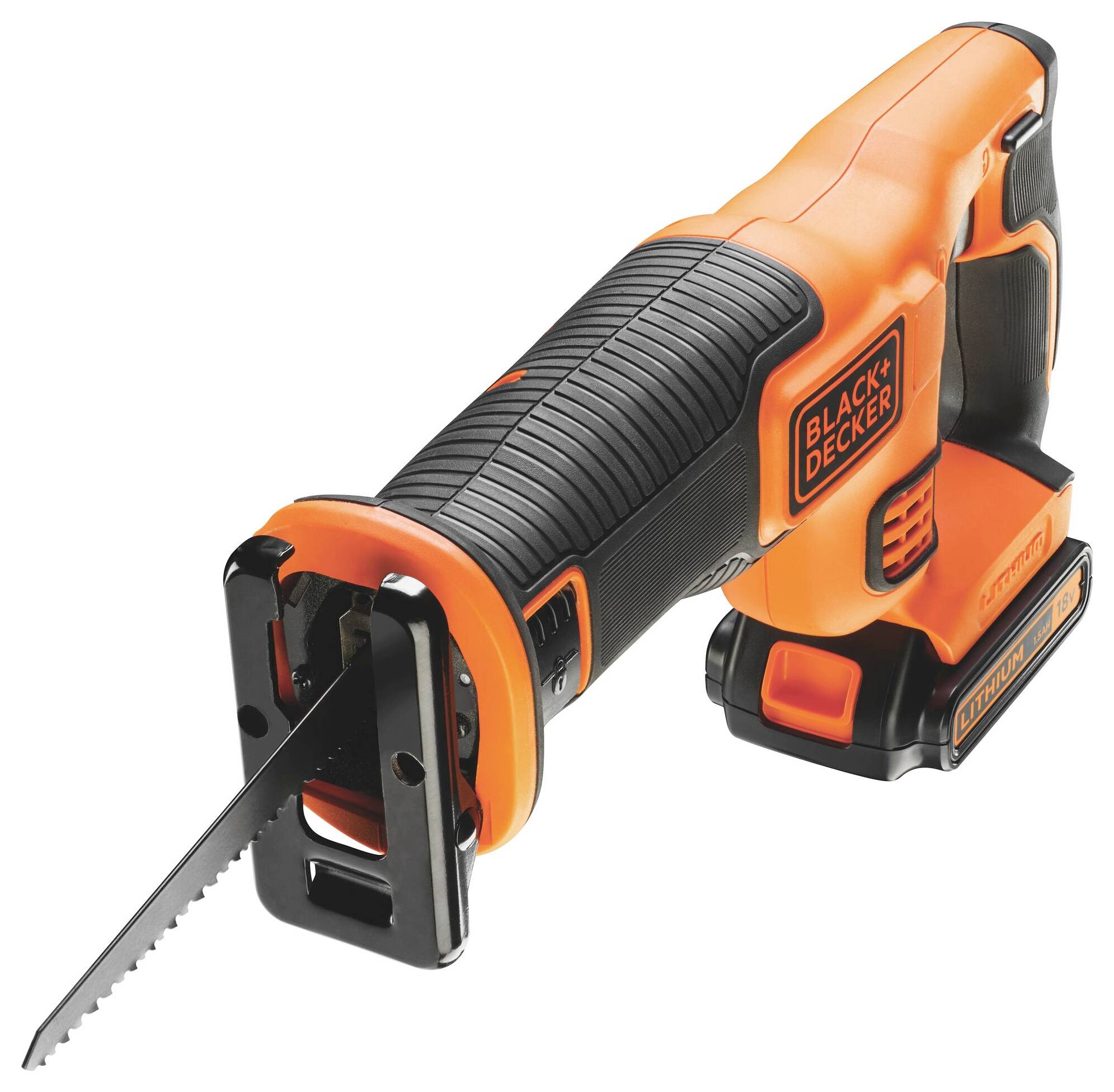 Eine orange-schwarze Reciprosäge mit sichtbarem Blatt, die das Logo „Black & Decker