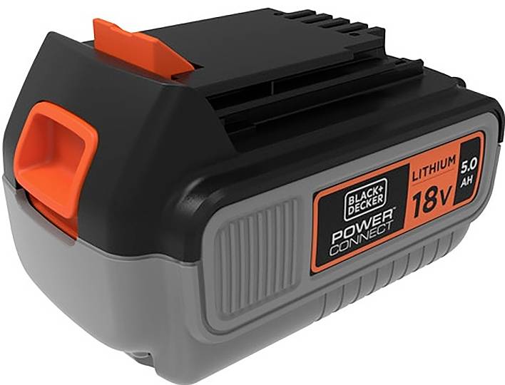 Black & Decker 18V 5.0Ah Lithium-Akku, schwarzes und oranges Design, mit PowerConnect-Technologie.