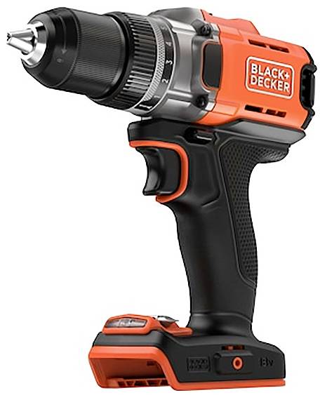 Ein kabelloses Elektrowerkzeug zum Bohren in Schwarz und Orange von Black+Decker mit sichtbarem Akku und Griff.
