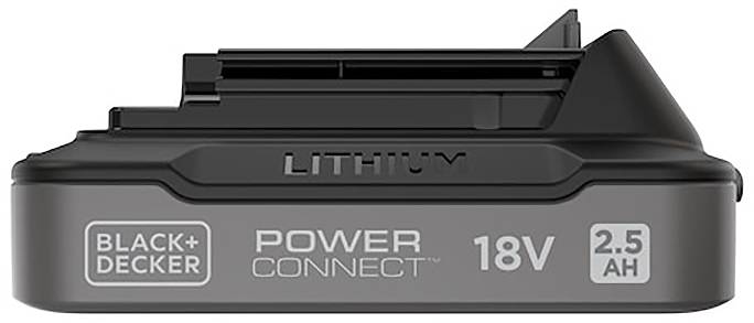 Seitenansicht eines BLACK+DECKER 18V, 2,5Ah Lithium-Akkus mit der Bezeichnung „POWER CONNECT