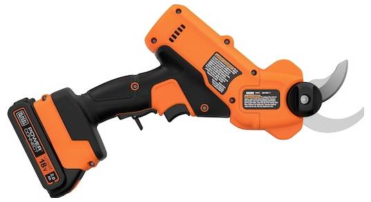 Eine kabellose Gartenschere in Orange und Schwarz mit robustem Griff und scharfen Klingen, entworfen für effiziente Gartenpflege.