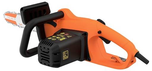 Orange-elektrische Kettensäge mit Sicherheitsvorrichtungen, Netzschalter und sichtbarer Kette.