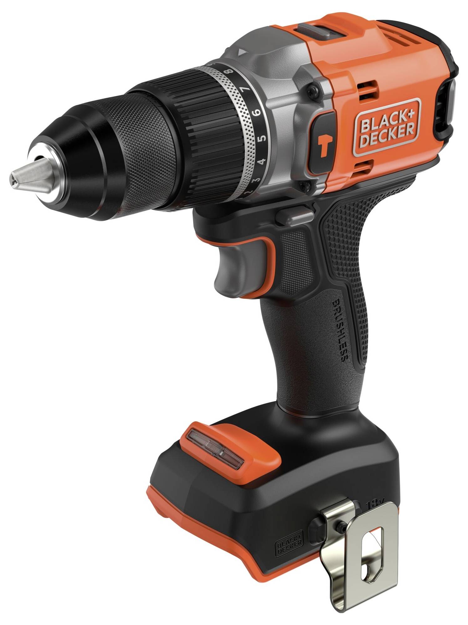 Orange- und schwarzer kabelloses Elektroschrauber mit Markierungslogo, ausgestattet mit einer schlüssellosen Spannzange, einstellbaren Geschwindigkeitseinstellungen und ergonomischem Griff.