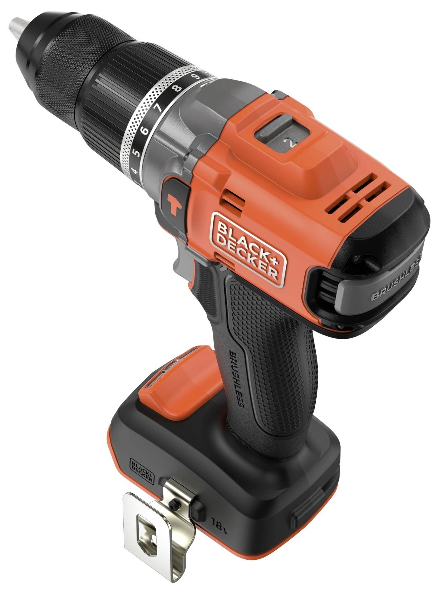 Ein kabelloses Bohrgerät mit orange-schwarzem Design, mit dem Label „BLACK+DECKER