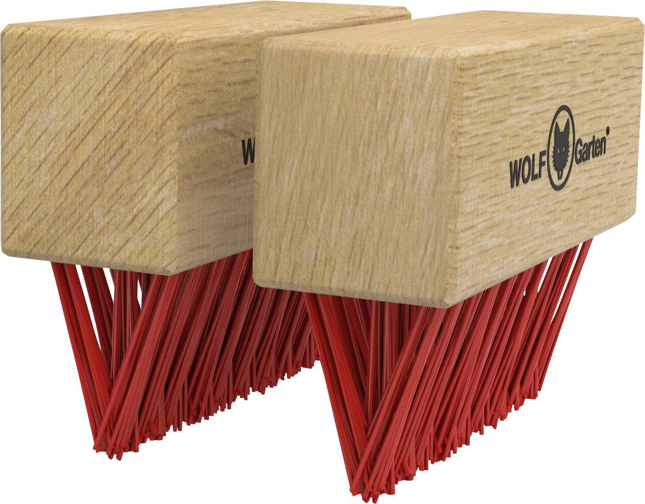 Zwei Holzgriff-Bürsten mit roten Borsten in einem dreieckigen Muster angeordnet, mit 