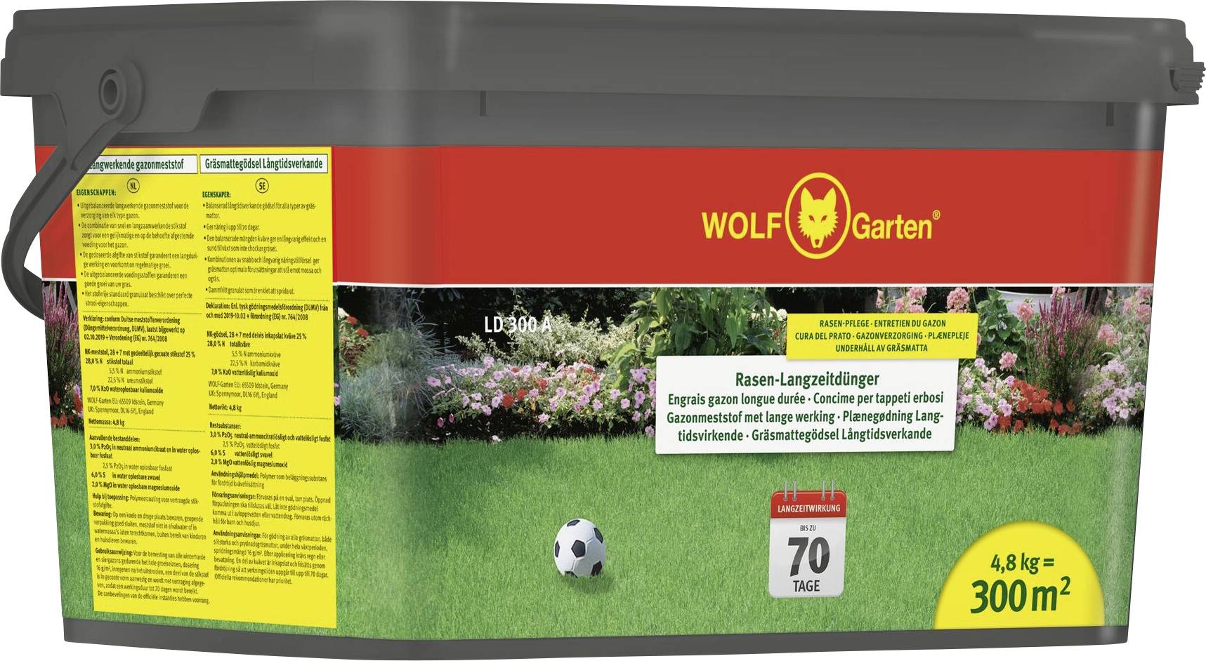 Ein rechteckiger Behälter mit WOLF Garten Rasendünger für eine 300 m² große Fläche, mit einem Rasen- und Gartenbild, einem Fußball und Text in deutscher Sprache.