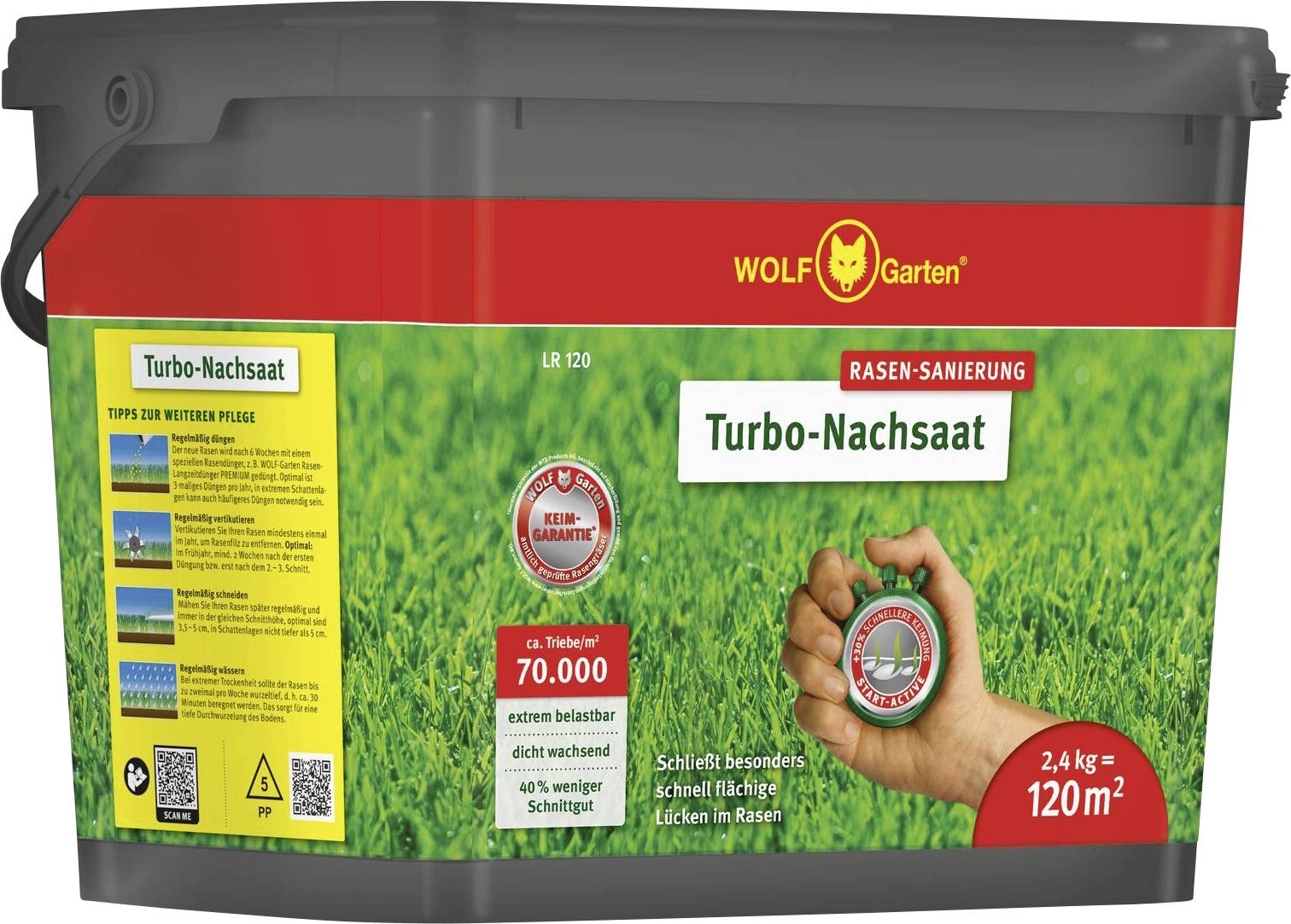 Wolf Garten Turbo-Nachsaat Rassenreparaturmischung in einem rechteckigen Behälter, deckt 120 m² ab. Enthält Produktdetails und Gebrauchsanweisungen auf dem Etikett.