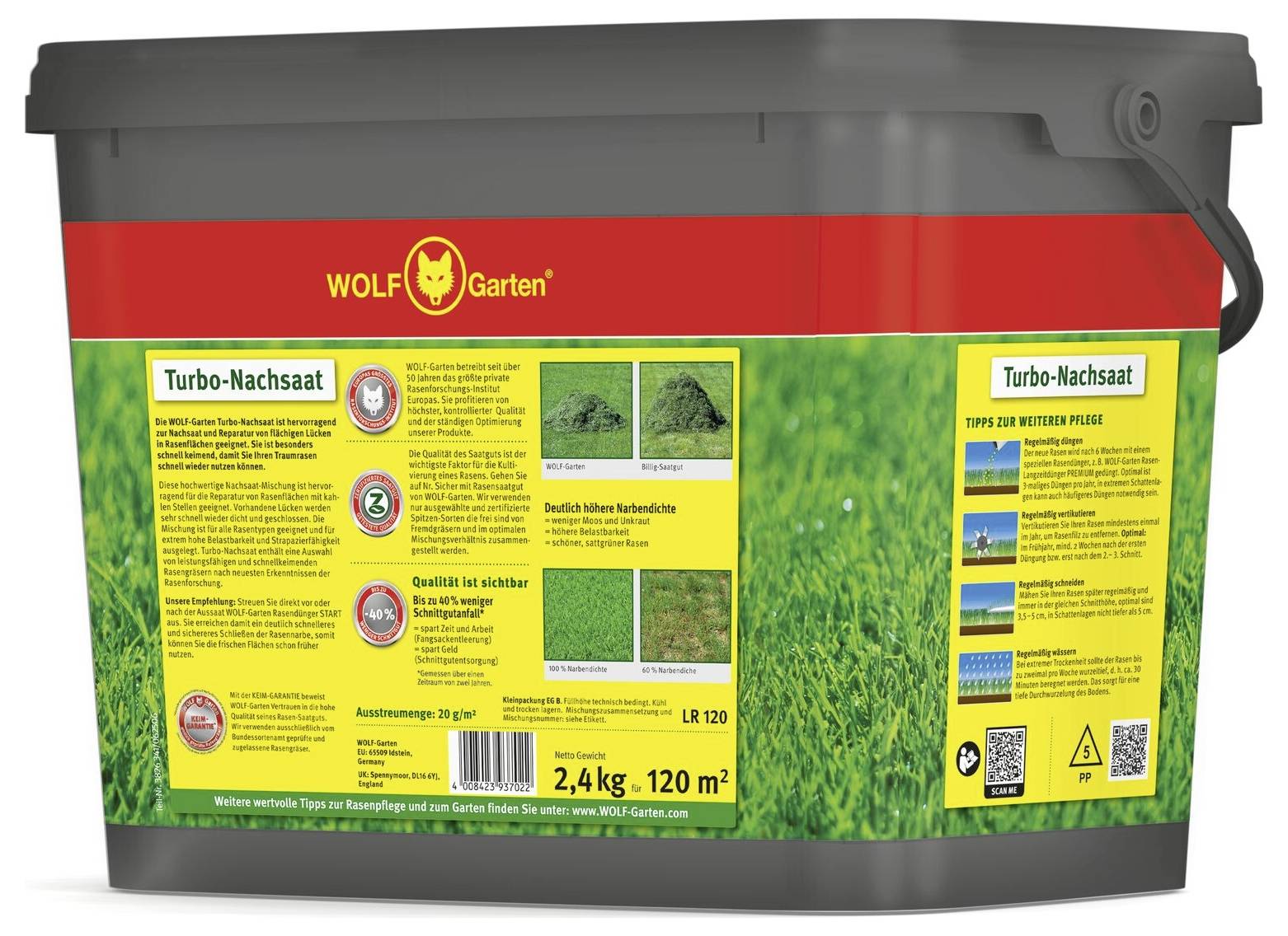 Ein Behälter mit 'WOLF-Garten Turbo-Nachsaat' Grassamen, gekennzeichnet mit Eigenschaften wie 'Turbo-Leistung' und 'Hoher Ertrag'. Geeignet für 120 m².