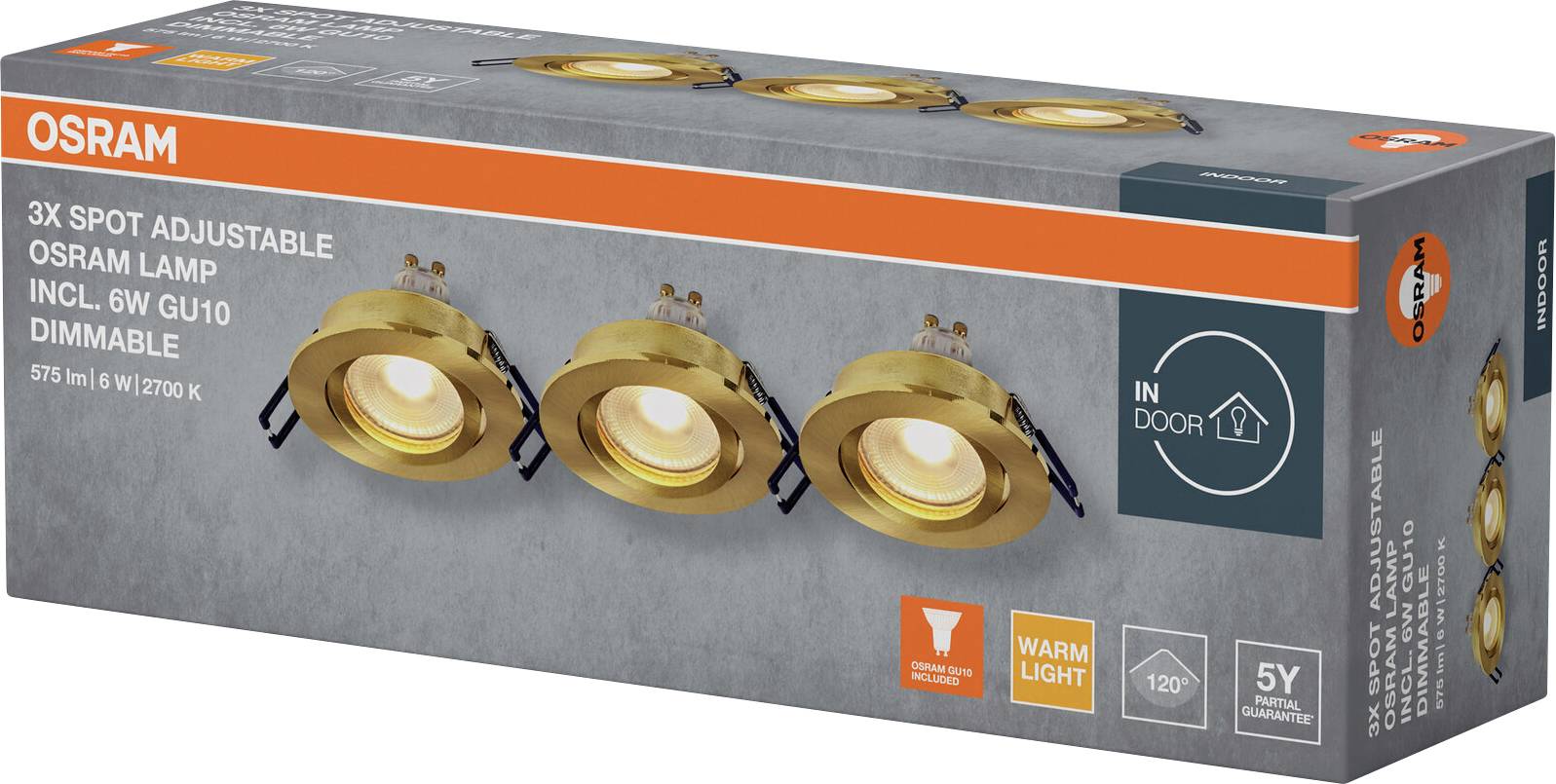 „Box mit drei verstellbaren OSRAM-Innenspot-Leuchten, dimmbar, 6W GU10, 2700K Warmweiß, 575 Lumen, mit 5 Jahren Garantie.