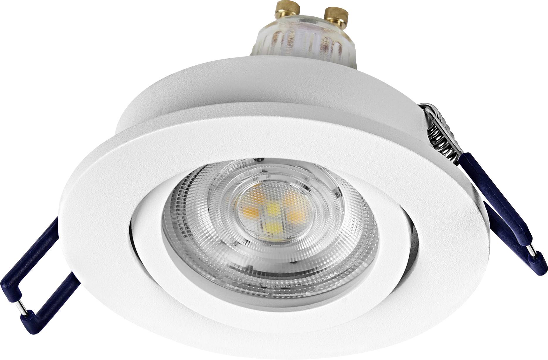 Ein weiß bündig eingebautes LED-Downlight mit kreisförmiger Konstruktion, ausgestattet mit einer Linse und zwei Federclips zur Montage. Konzipiert für die Deckenmontage.