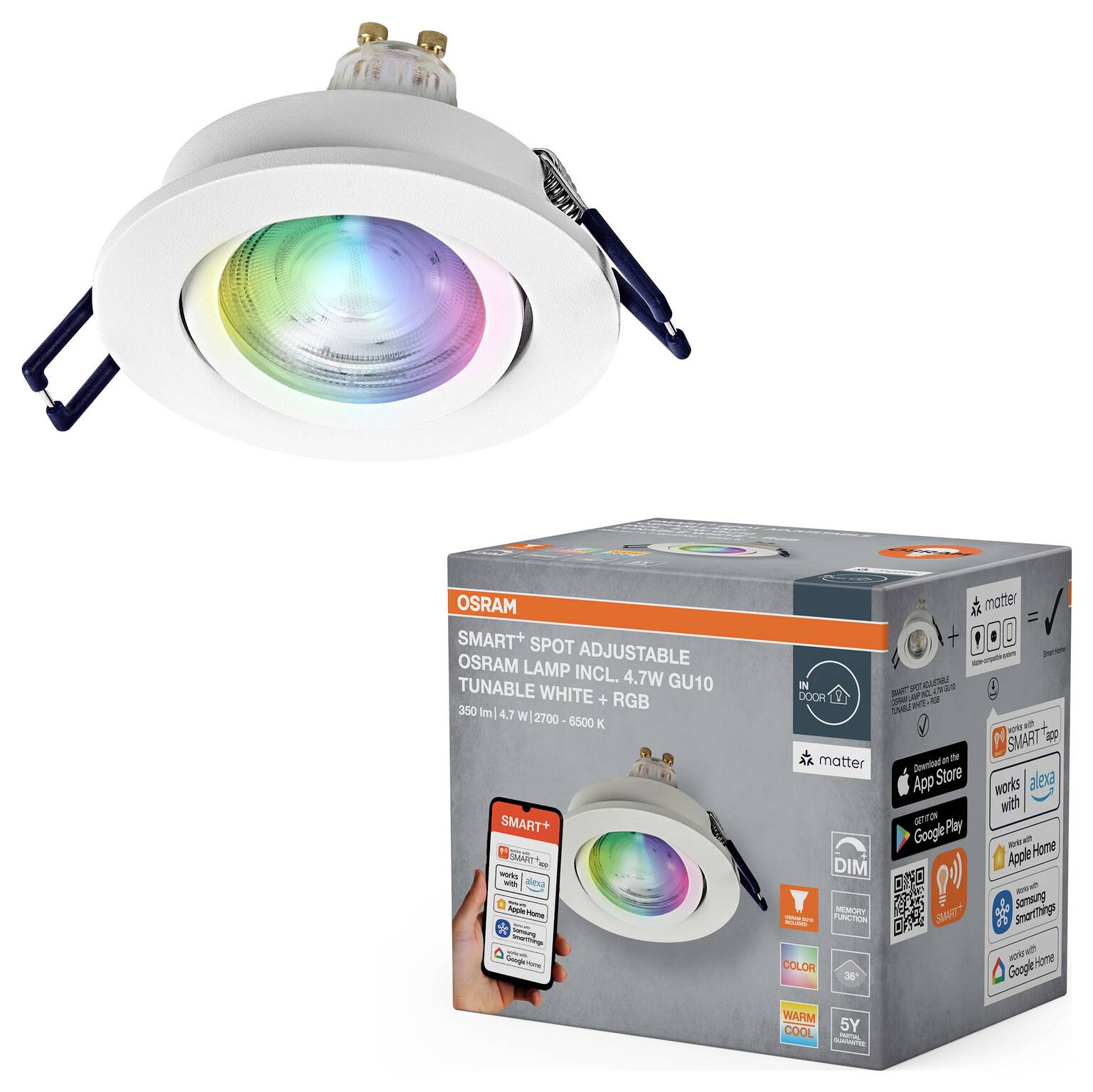 Eingebauter intelligenter Einbaustrahler mit einstellbarer Farbe, mit OSRAM-Lampe, 4,7W GU10, warmweiß bis kaltweiß abstimmbar und RGB, kompatibel mit Matter.
