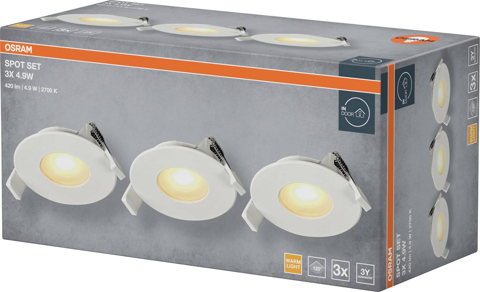 Das Bild zeigt die Verpackung eines Osram-Spot-Sets mit drei 4,9W Innenleuchten, die für 2200K warmweißes Licht geeignet sind, mit Abbildungen der Leuchten.