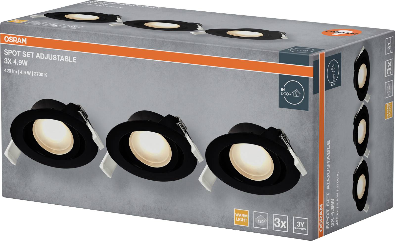 'Osram Spot Set Verstellbar 3x 4,9W': Produktverpackung mit drei verstellbaren Spotleuchten, die Energieeffizienz und warmes Licht hervorheben.