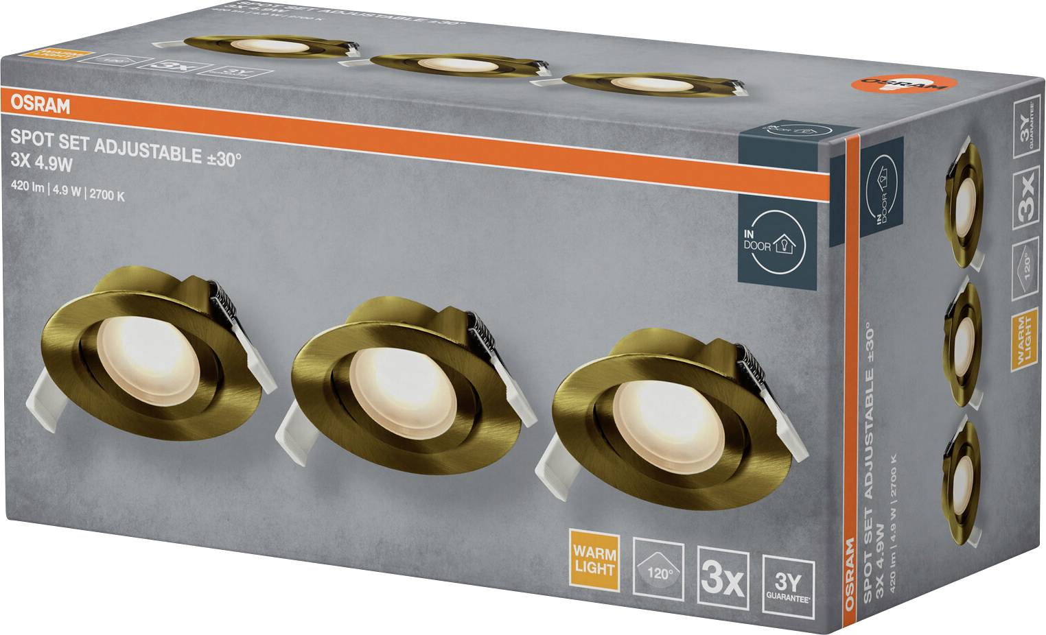 Schachtel mit der Aufschrift „OSRAM Spot Set Verstellbar ±30°, 3x 4,9W