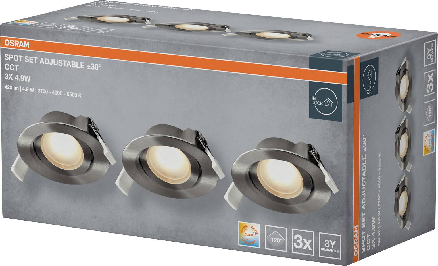 OSRAM Spot Set Verstellbar ±30° CCT, 3x 4,9W, für den Innenbereich, warmes bis kühles Licht im Bereich von 2700 bis 6500 K.