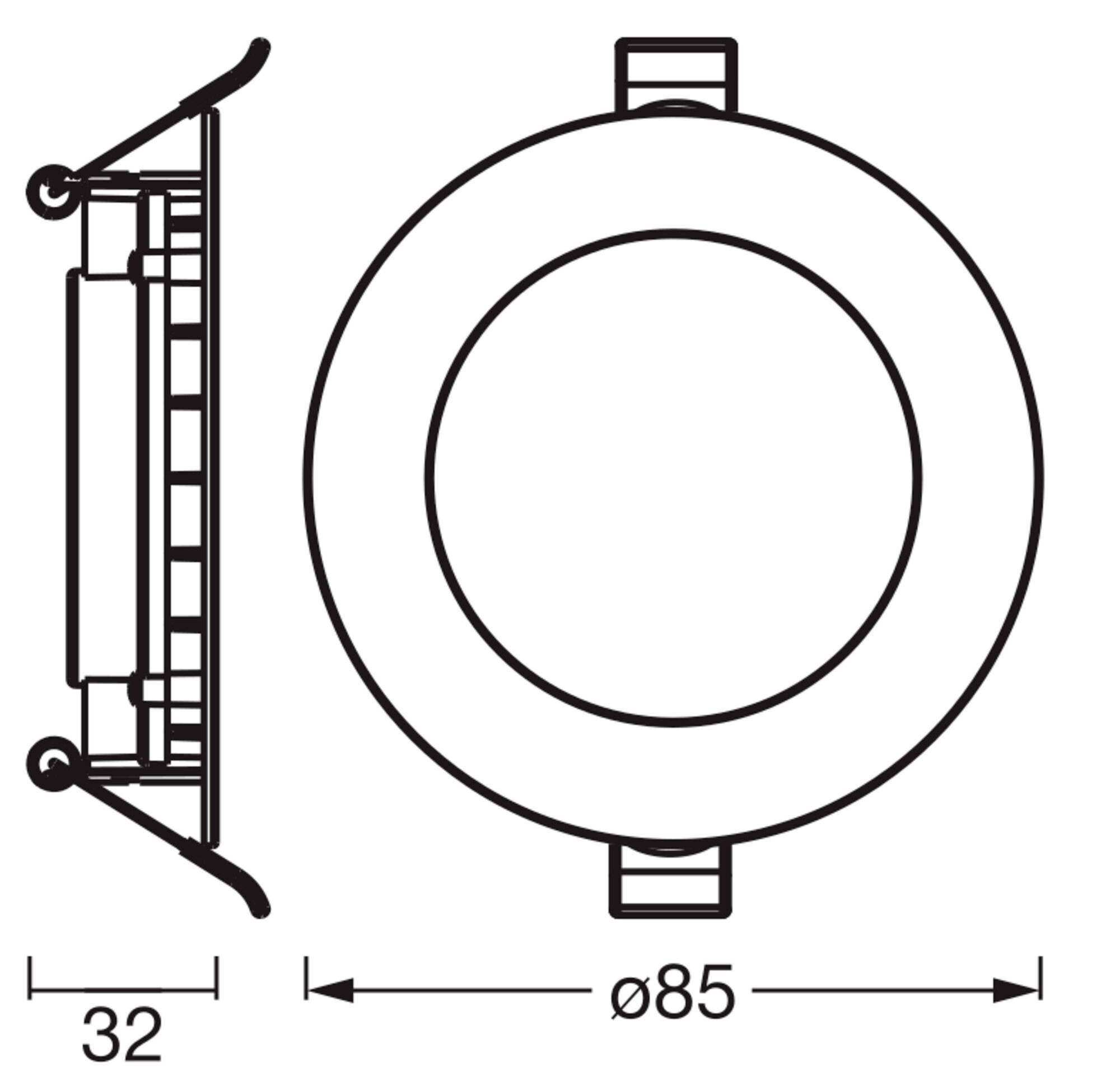 Diagramm einer Einbauleuchte für abgehängte Decken. Seitenansicht zeigt 32mm Tiefe; Draufsicht zeigt kreisförmiges Design mit 85mm Durchmesser.