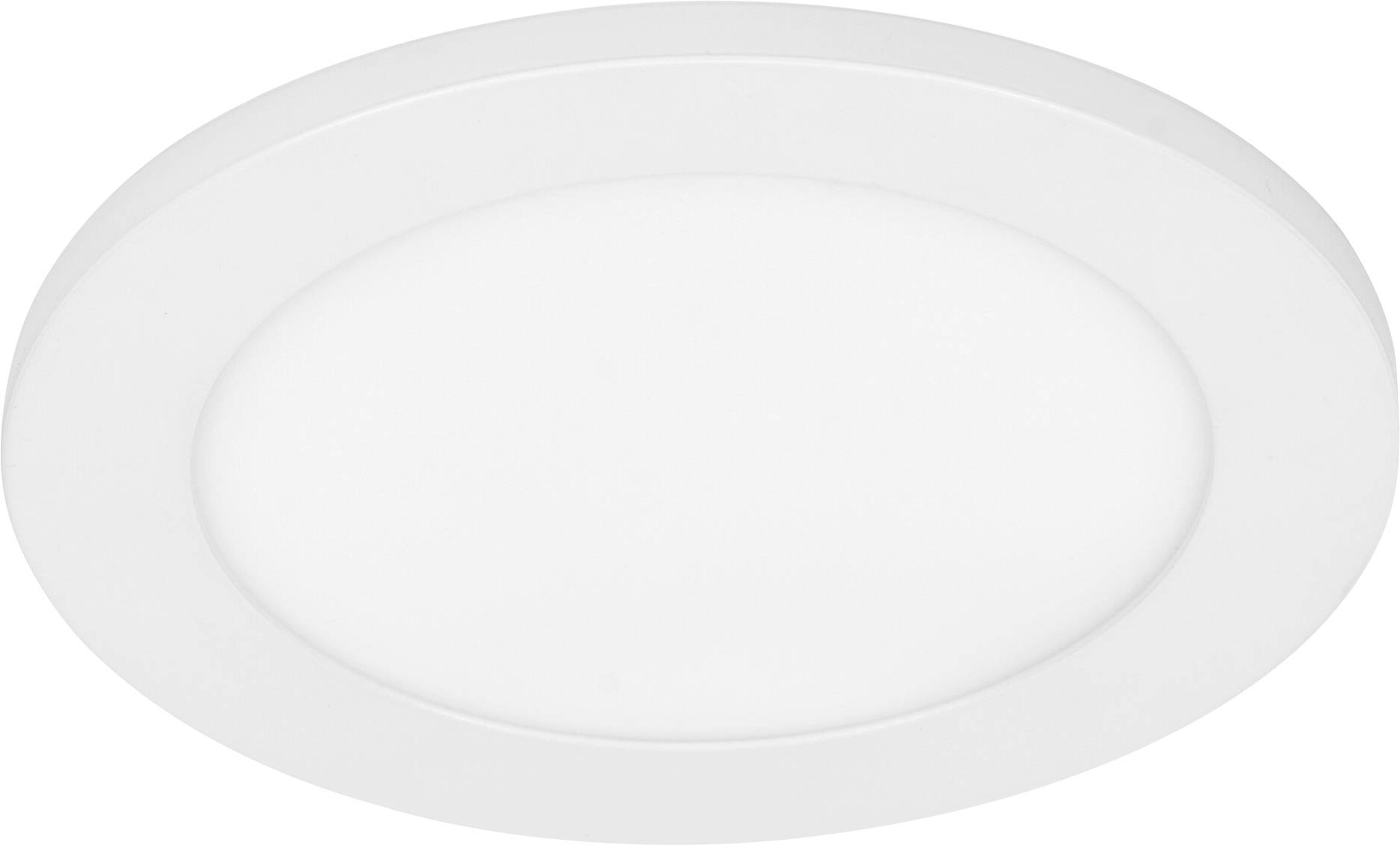 Eine runde weiße LED-Deckenleuchte, bündig montiert, mit glatter Kante, konzipiert für moderne Inneneinrichtungen und bietet sanftes Umgebungslicht.